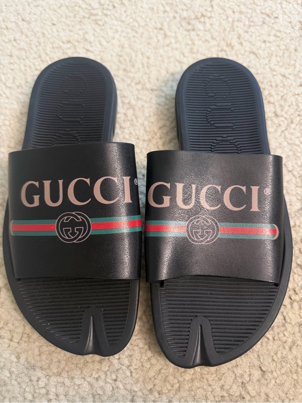 Gucci Black Slide Sandals with Red and Green Web Stripe